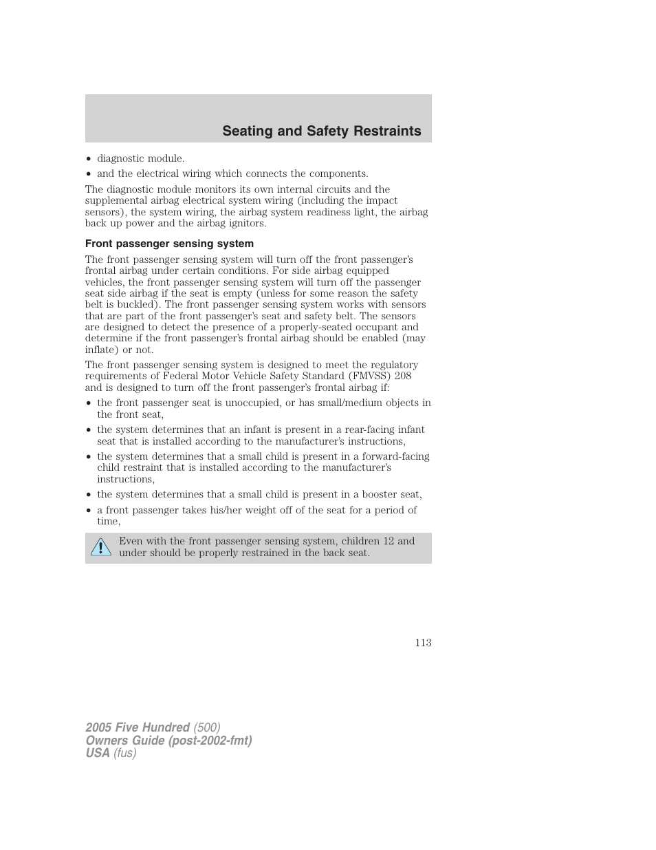 Front passenger sensing system, Seating and safety restraints | FORD 2005 Five Hundred v.3 User Manual | Page 113 / 264