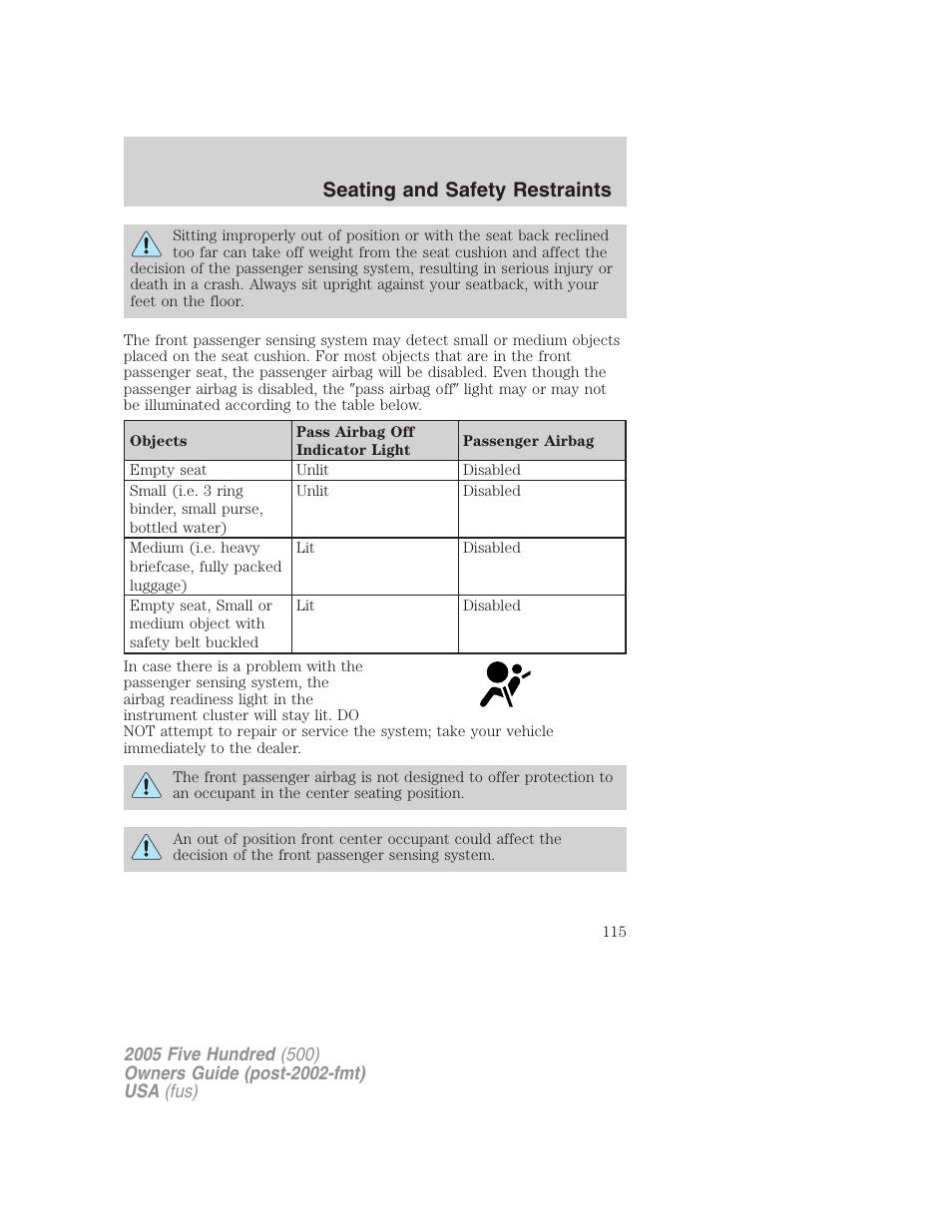 Seating and safety restraints | FORD 2005 Five Hundred v.3 User Manual | Page 115 / 264