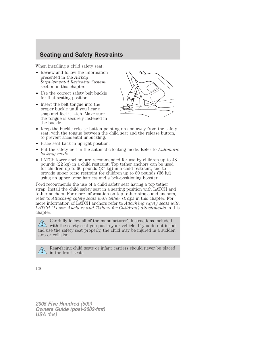 Seating and safety restraints | FORD 2005 Five Hundred v.3 User Manual | Page 126 / 264