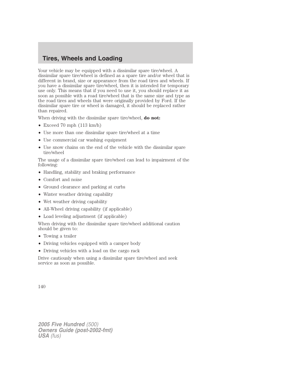 Tires, wheels and loading | FORD 2005 Five Hundred v.3 User Manual | Page 140 / 264