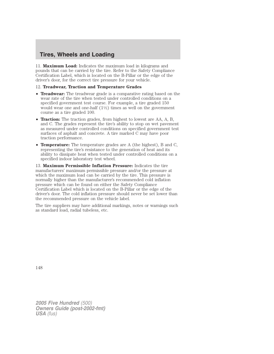 Tires, wheels and loading | FORD 2005 Five Hundred v.3 User Manual | Page 148 / 264