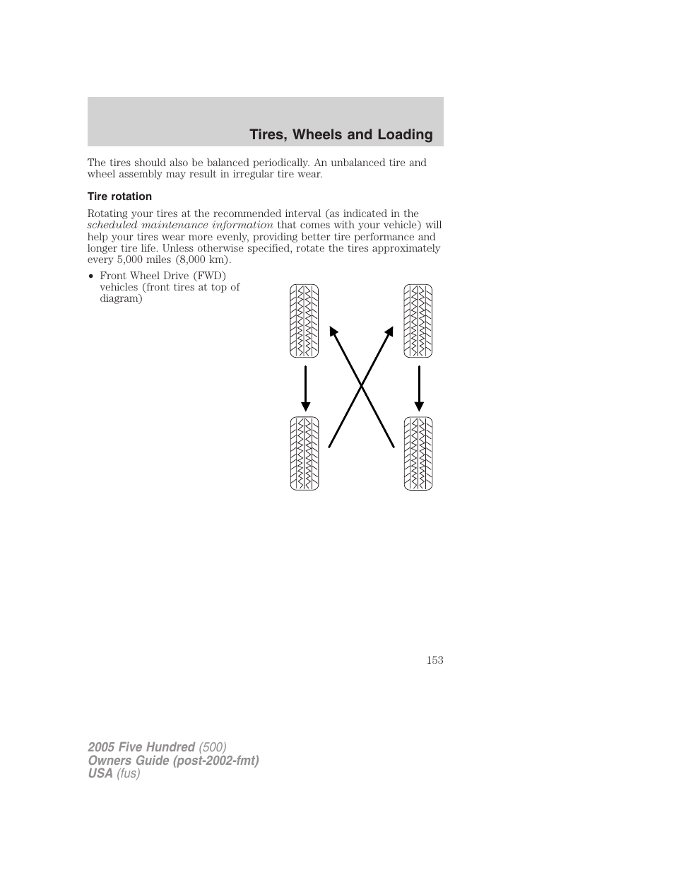 Tire rotation, Tires, wheels and loading | FORD 2005 Five Hundred v.3 User Manual | Page 153 / 264