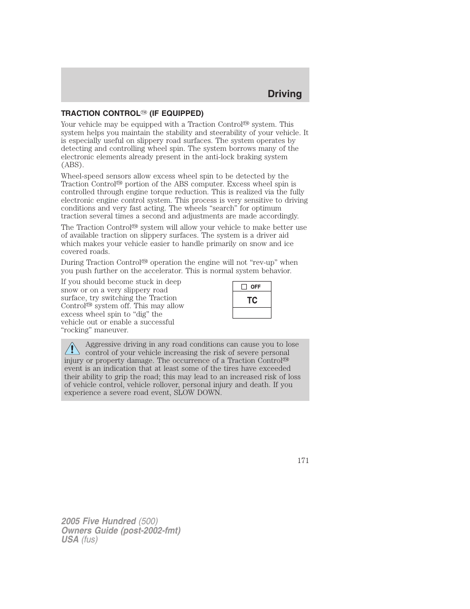 Traction control (if equipped), Traction control, Driving | FORD 2005 Five Hundred v.3 User Manual | Page 171 / 264