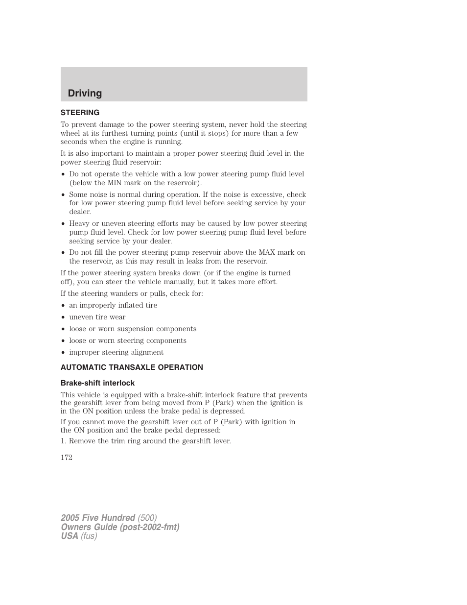 Steering, Automatic transaxle operation, Brake-shift interlock | Transmission operation, Driving | FORD 2005 Five Hundred v.3 User Manual | Page 172 / 264