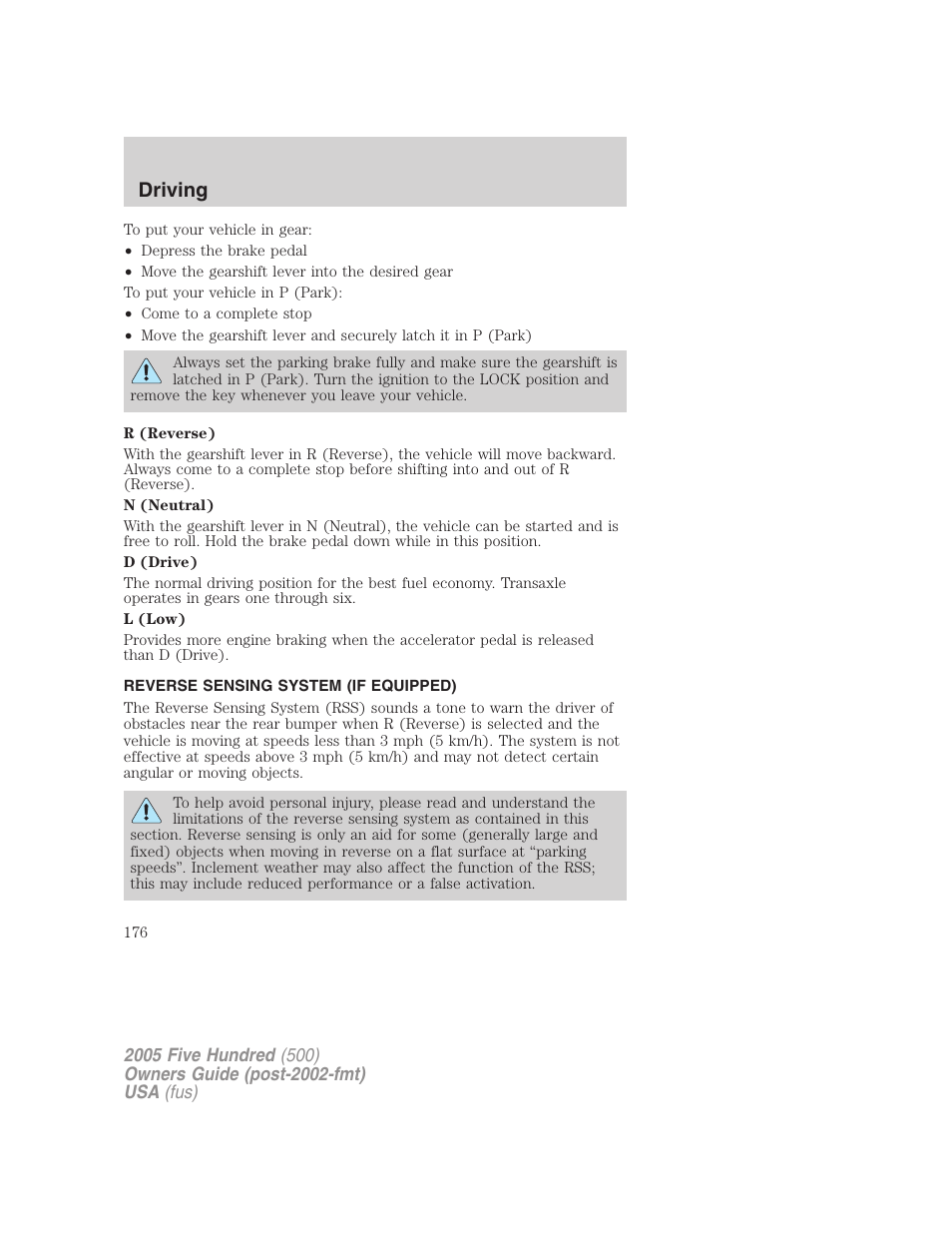 Reverse sensing system (if equipped), Driving | FORD 2005 Five Hundred v.3 User Manual | Page 176 / 264