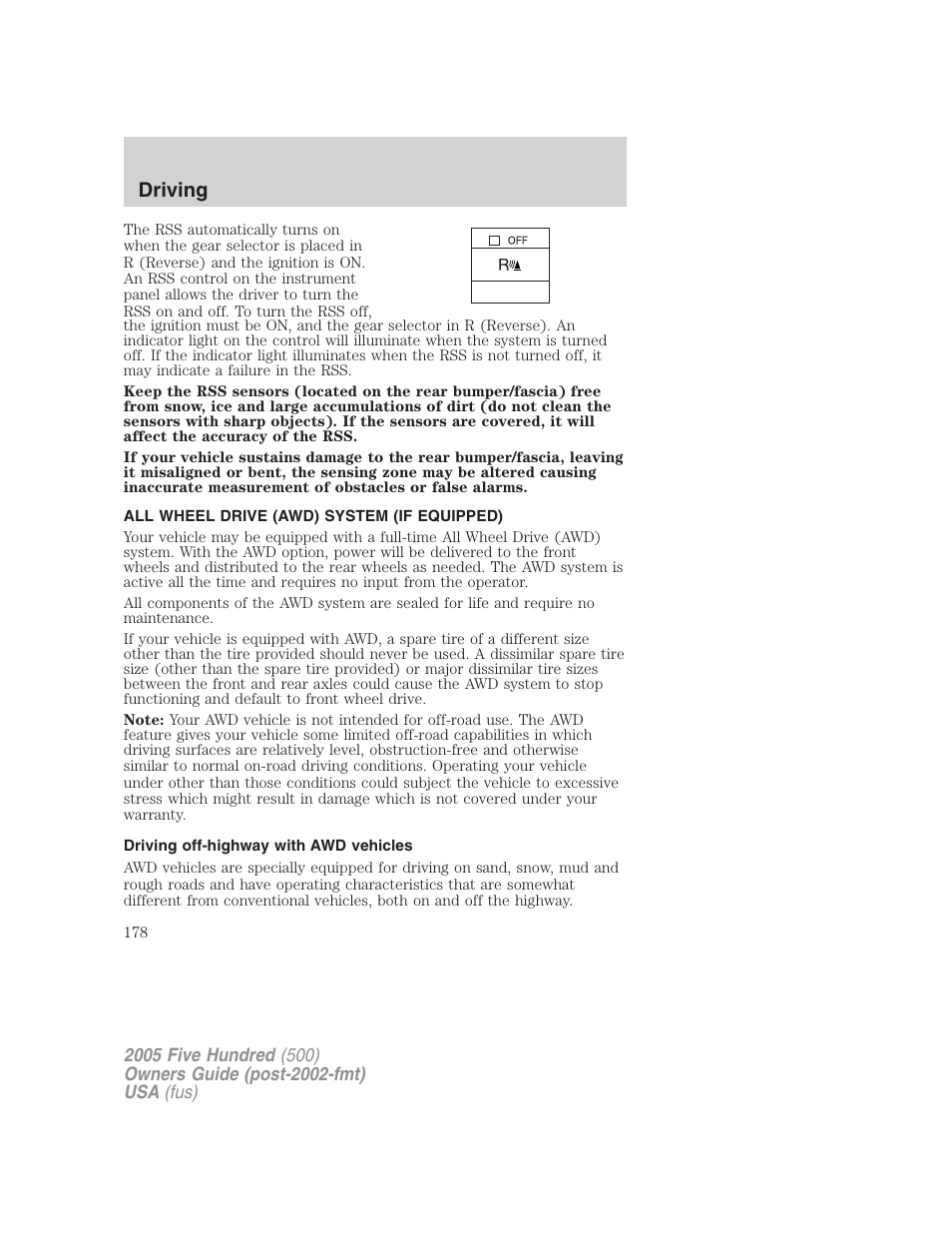 All wheel drive (awd) system (if equipped), Driving off-highway with awd vehicles, Driving | FORD 2005 Five Hundred v.3 User Manual | Page 178 / 264