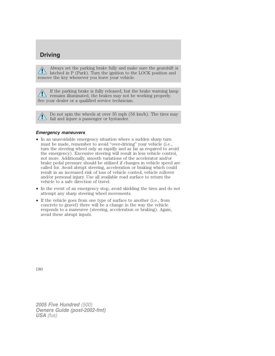 Emergency maneuvers, Driving | FORD 2005 Five Hundred v.3 User Manual | Page 180 / 264