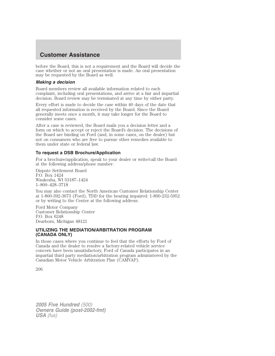 Making a decision, To request a dsb brochure/application, Customer assistance | FORD 2005 Five Hundred v.3 User Manual | Page 206 / 264