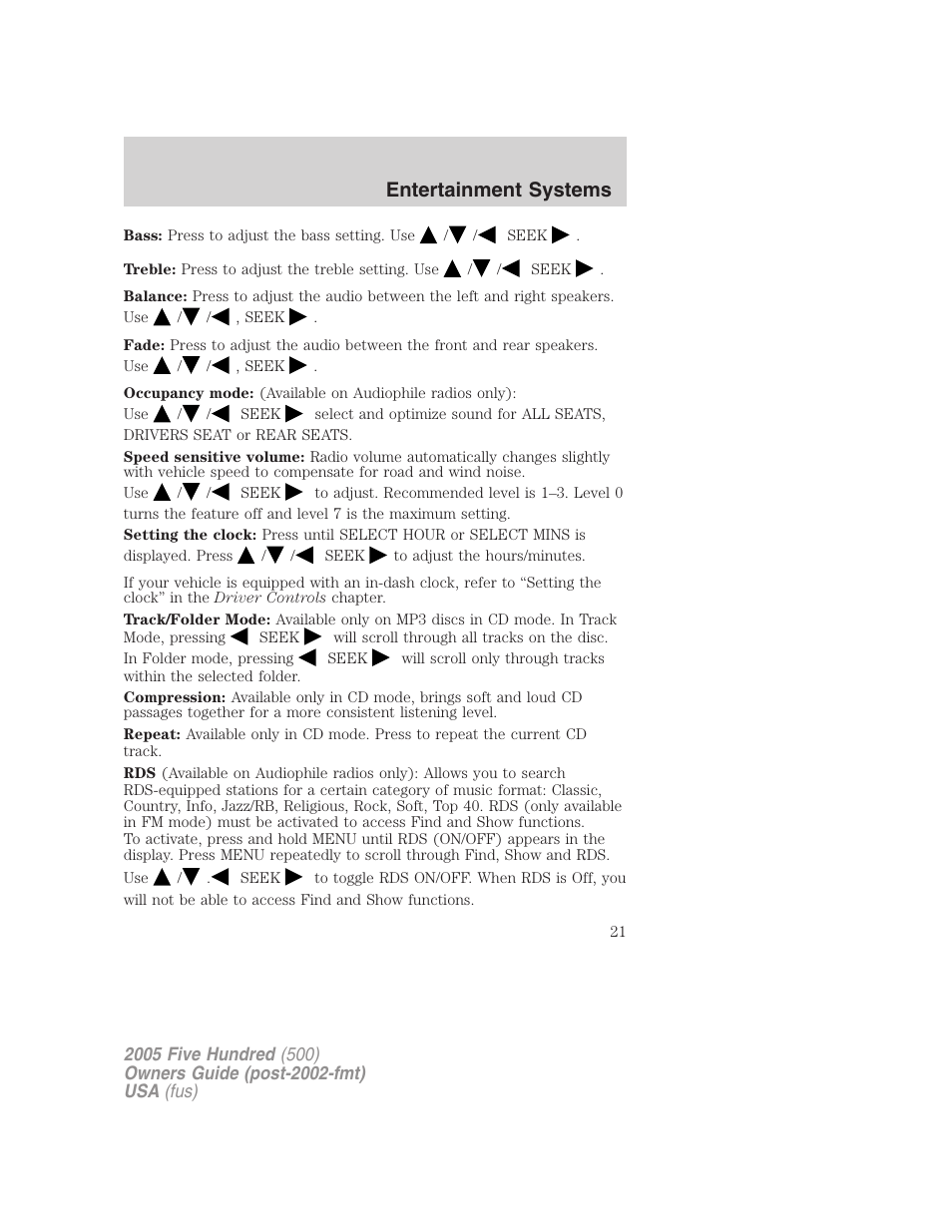 Entertainment systems | FORD 2005 Five Hundred v.3 User Manual | Page 21 / 264