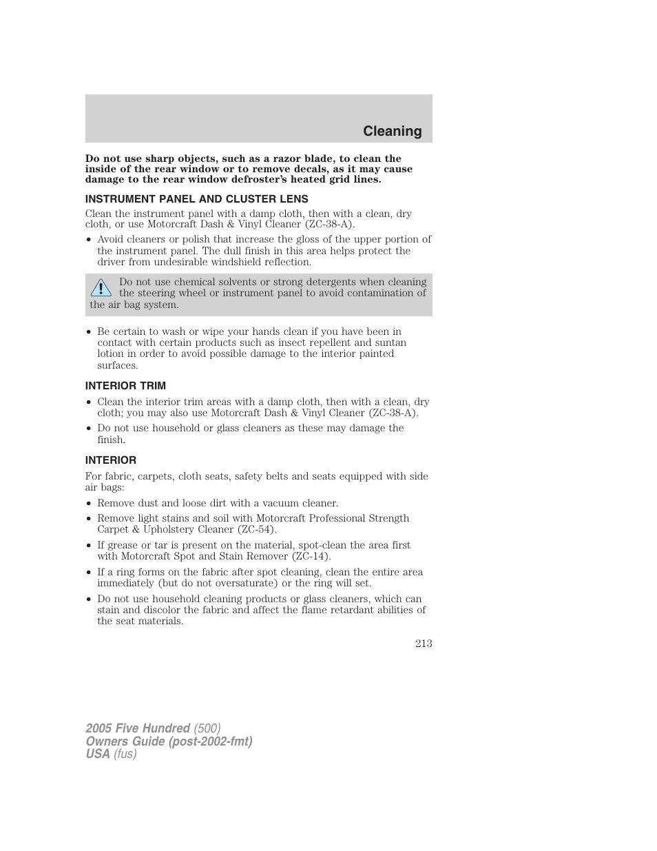 Instrument panel and cluster lens, Interior trim, Interior | Cleaning | FORD 2005 Five Hundred v.3 User Manual | Page 213 / 264