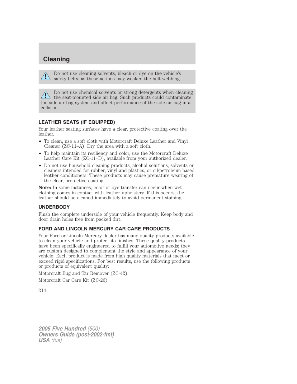 Leather seats (if equipped), Underbody, Ford and lincoln mercury car care products | Cleaning | FORD 2005 Five Hundred v.3 User Manual | Page 214 / 264