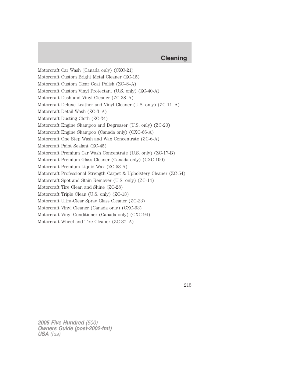 Cleaning | FORD 2005 Five Hundred v.3 User Manual | Page 215 / 264