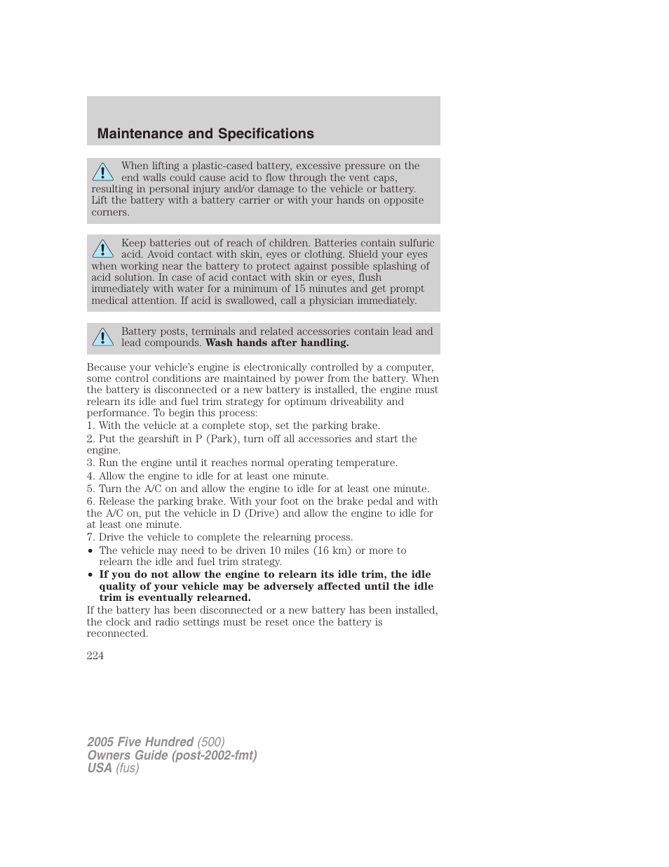 Maintenance and specifications | FORD 2005 Five Hundred v.3 User Manual | Page 224 / 264