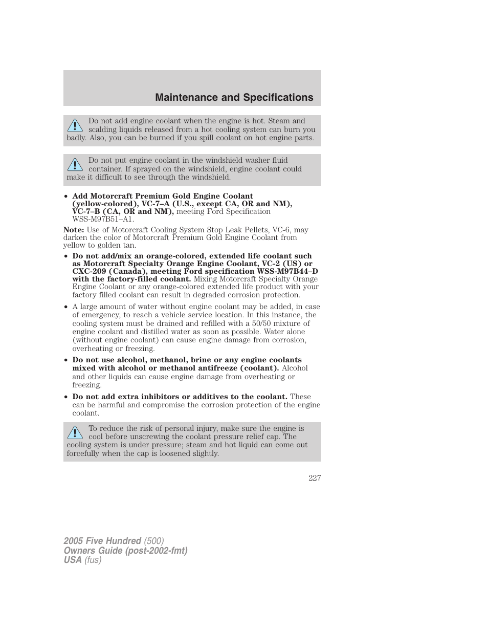 Maintenance and specifications | FORD 2005 Five Hundred v.3 User Manual | Page 227 / 264