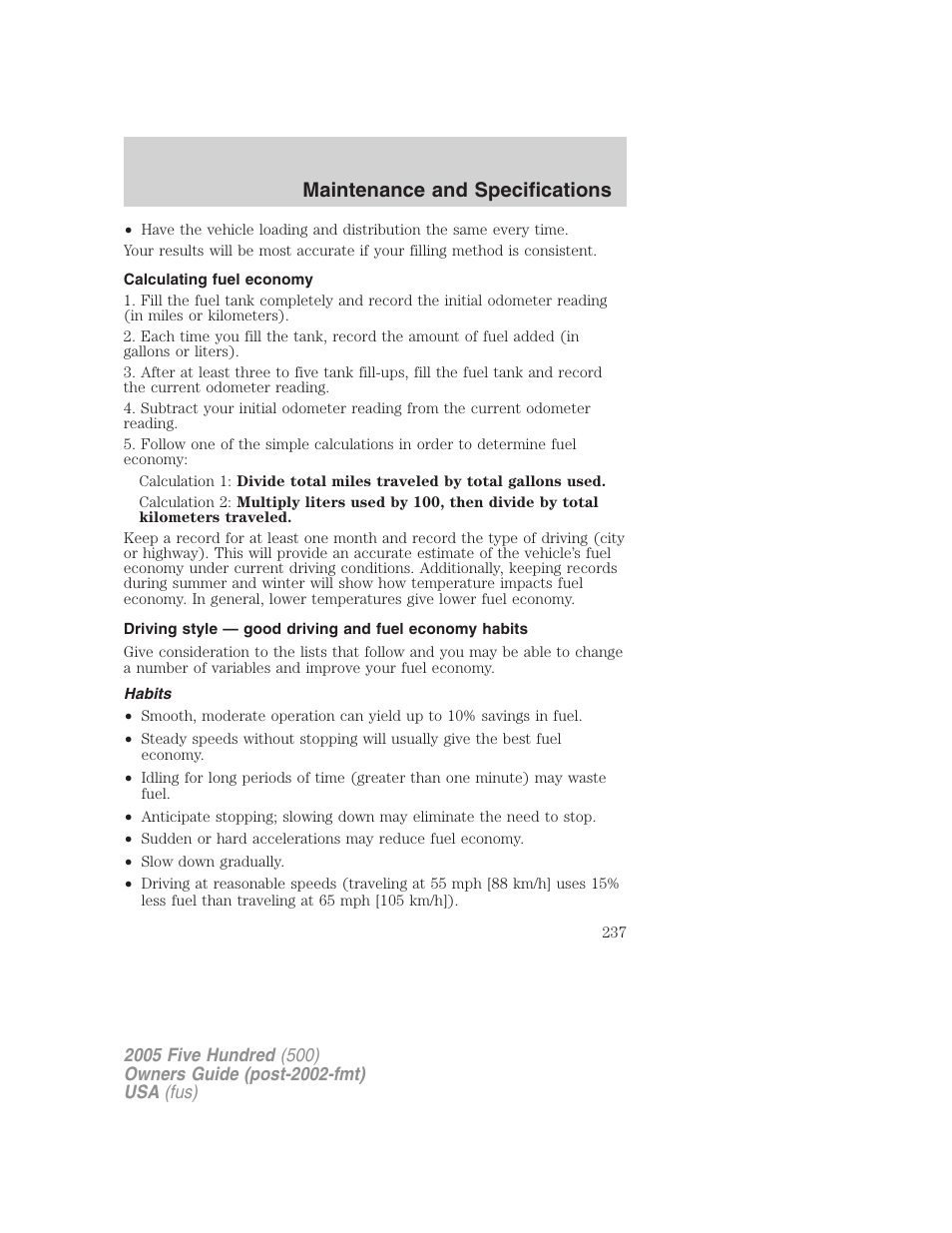 Calculating fuel economy, Habits, Maintenance and specifications | FORD 2005 Five Hundred v.3 User Manual | Page 237 / 264