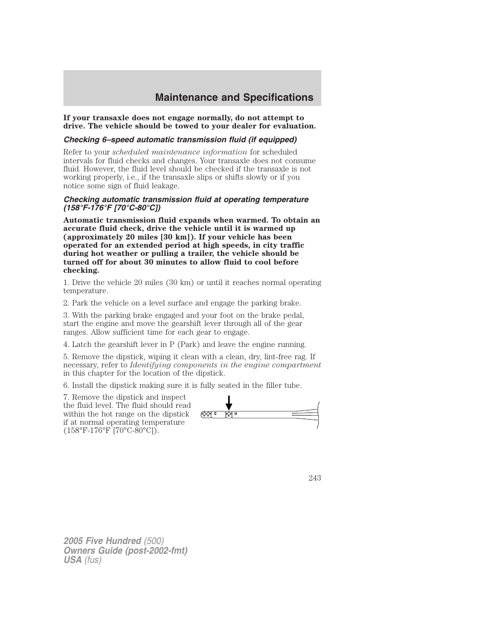 Maintenance and specifications | FORD 2005 Five Hundred v.3 User Manual | Page 243 / 264