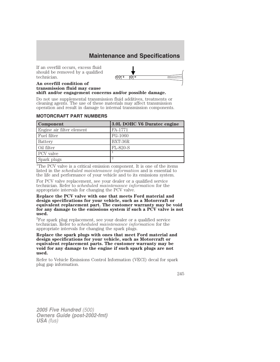 Motorcraft part numbers, Part numbers, Maintenance and specifications | FORD 2005 Five Hundred v.3 User Manual | Page 245 / 264