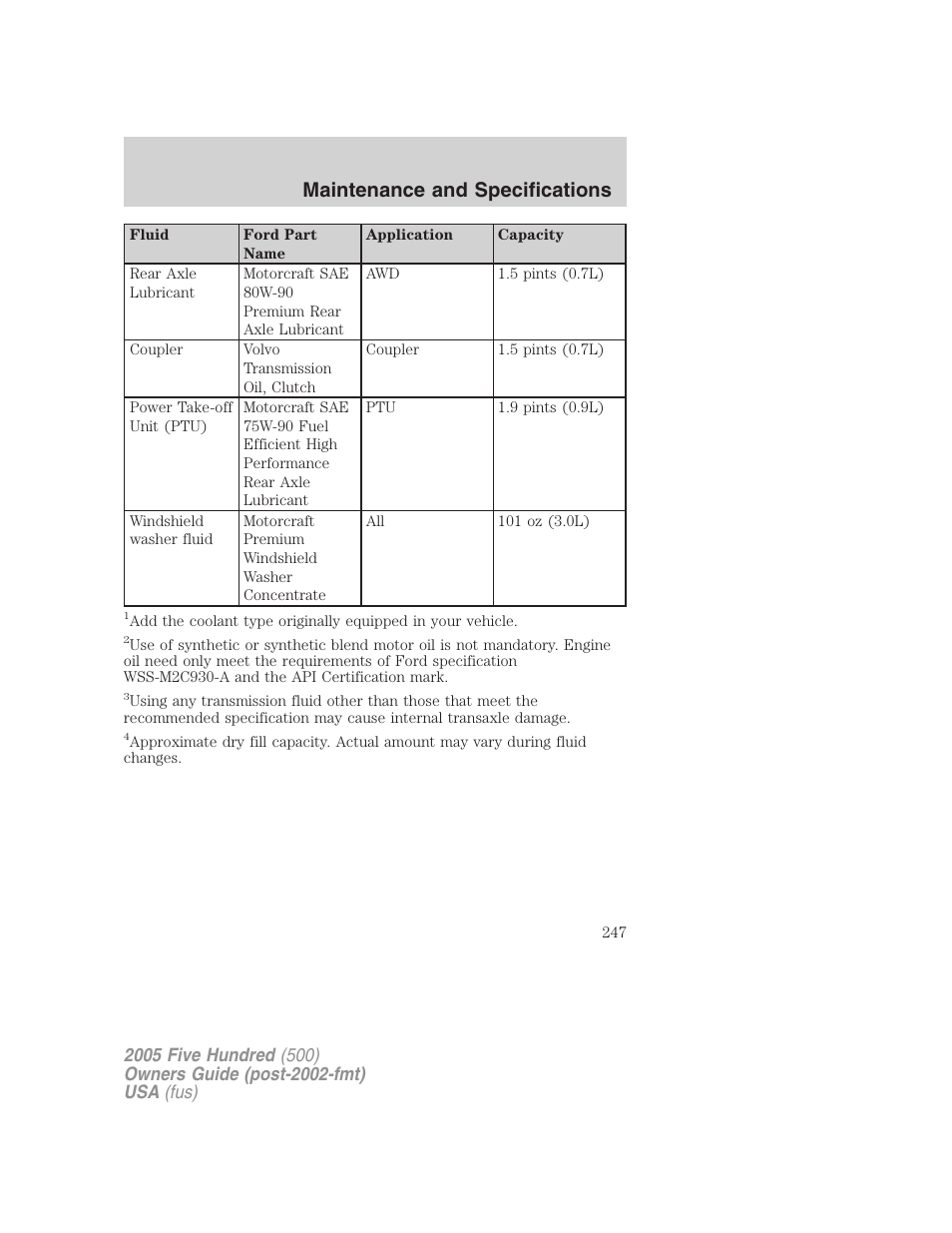 Maintenance and specifications | FORD 2005 Five Hundred v.3 User Manual | Page 247 / 264