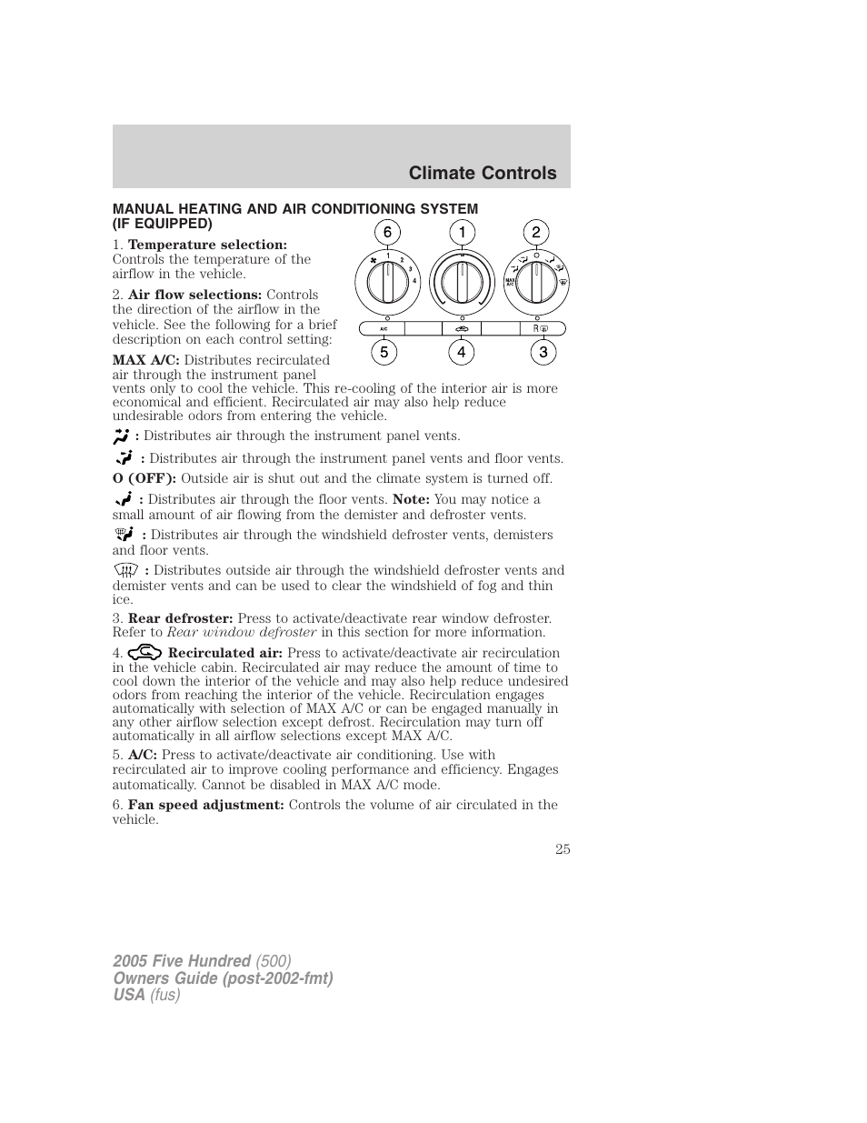 Climate controls, Manual heating and air conditioning | FORD 2005 Five Hundred v.3 User Manual | Page 25 / 264