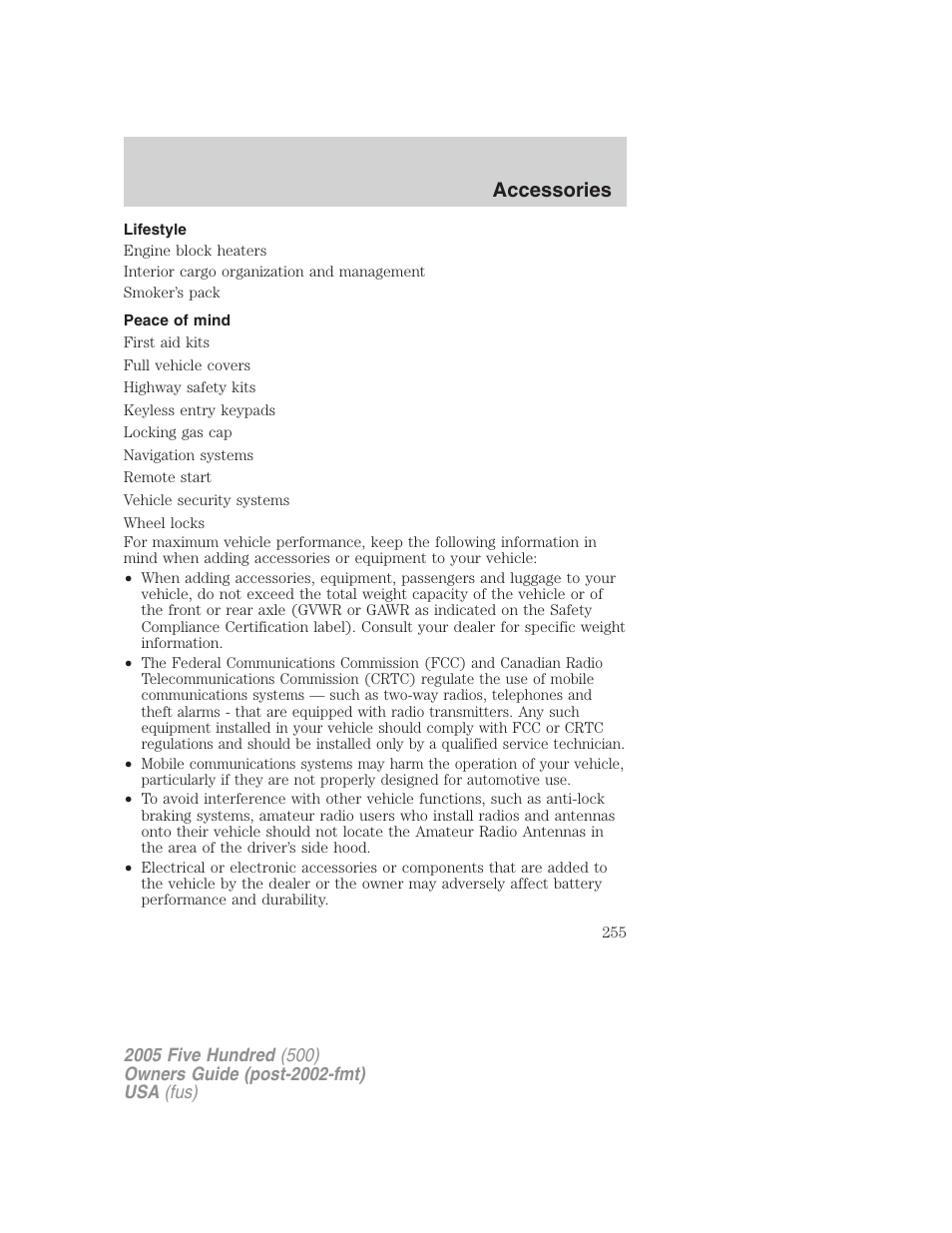 Lifestyle, Peace of mind, Accessories | FORD 2005 Five Hundred v.3 User Manual | Page 255 / 264