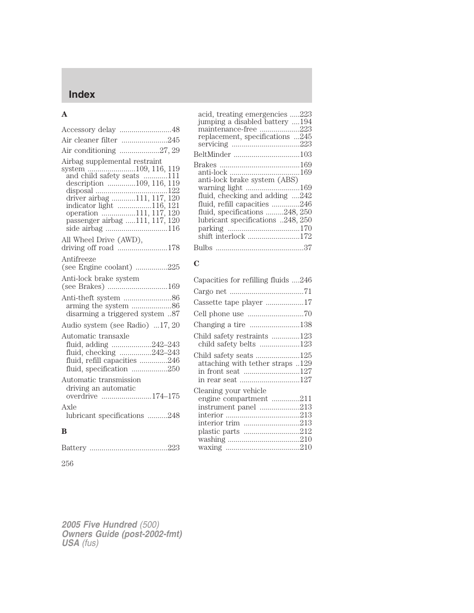 Index | FORD 2005 Five Hundred v.3 User Manual | Page 256 / 264