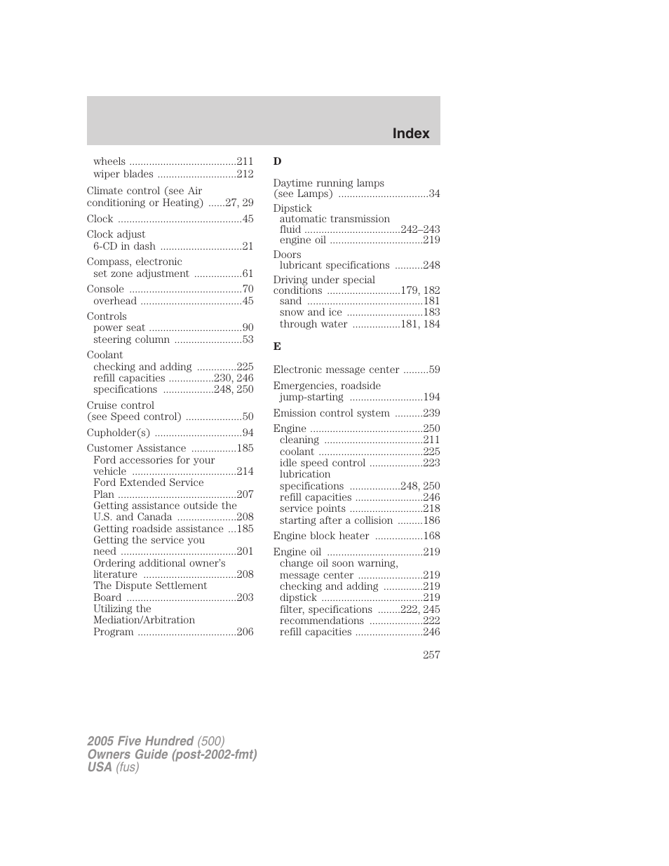 Index | FORD 2005 Five Hundred v.3 User Manual | Page 257 / 264