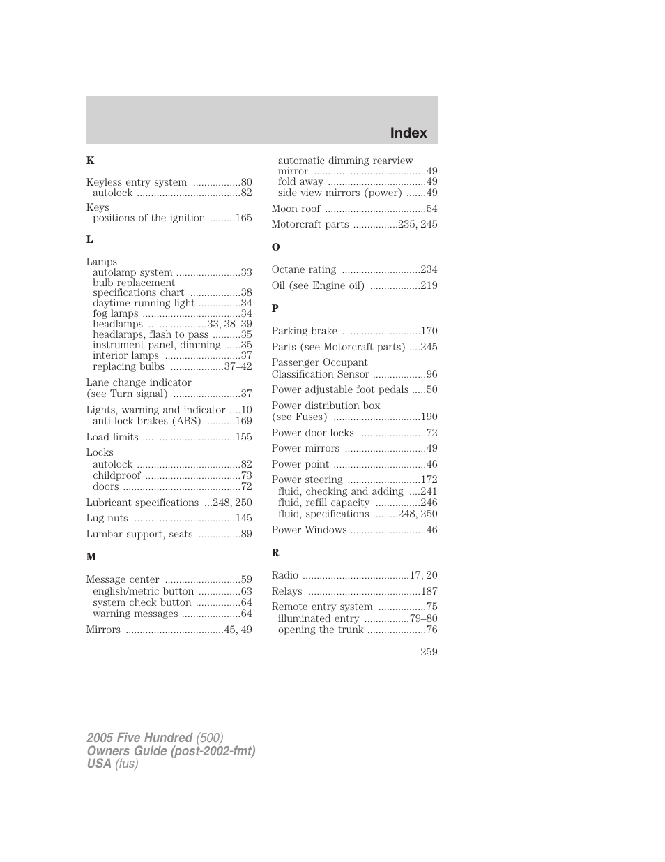 Index | FORD 2005 Five Hundred v.3 User Manual | Page 259 / 264