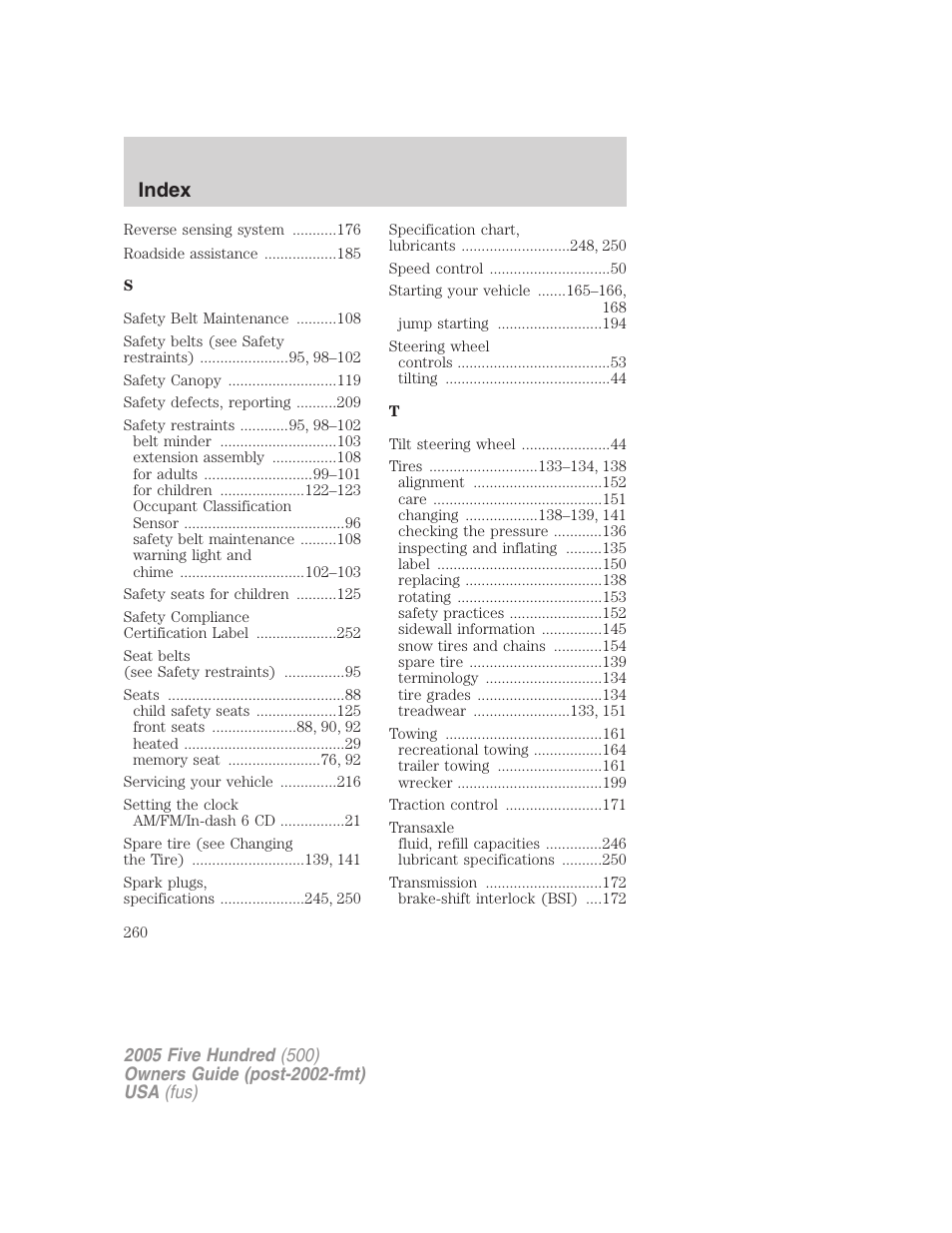 Index | FORD 2005 Five Hundred v.3 User Manual | Page 260 / 264