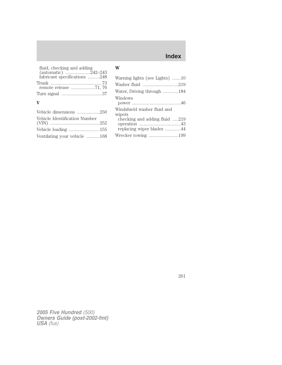 Index | FORD 2005 Five Hundred v.3 User Manual | Page 261 / 264