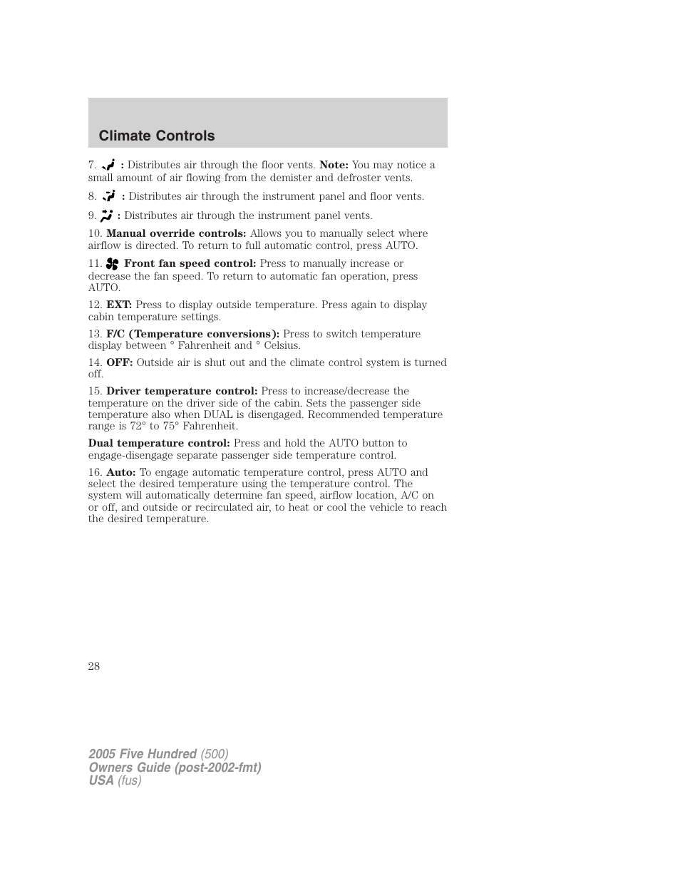 Climate controls | FORD 2005 Five Hundred v.3 User Manual | Page 28 / 264