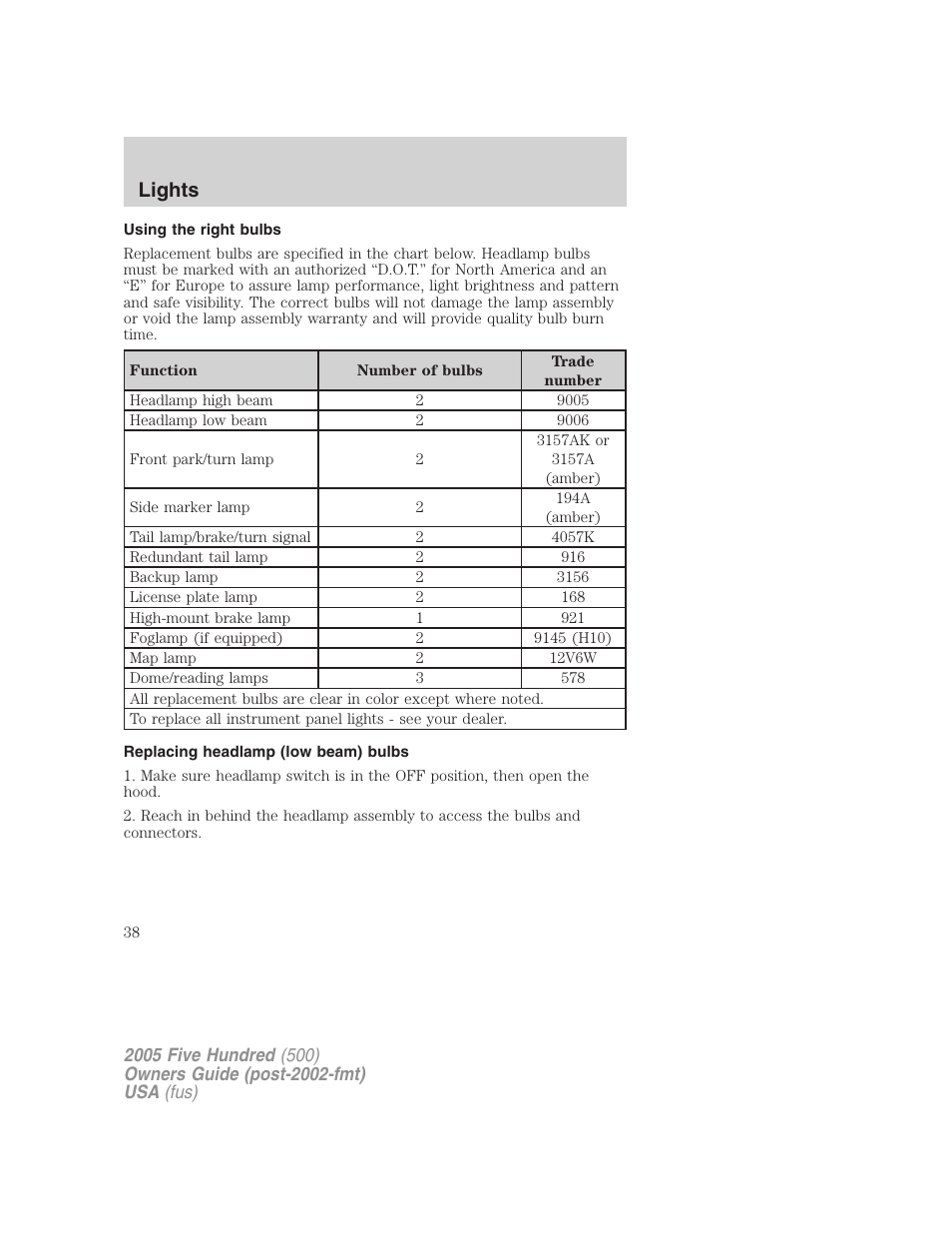 Using the right bulbs, Replacing headlamp (low beam) bulbs, Lights | FORD 2005 Five Hundred v.3 User Manual | Page 38 / 264