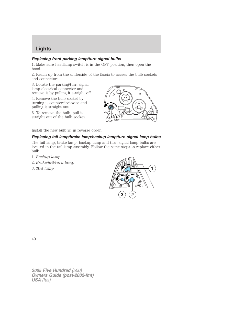 Replacing front parking lamp/turn signal bulbs, Lights | FORD 2005 Five Hundred v.3 User Manual | Page 40 / 264