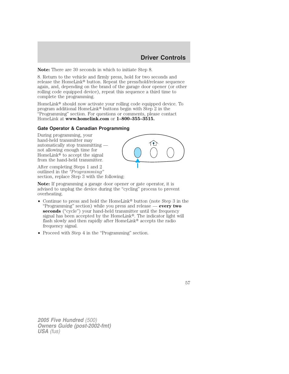 Gate operator & canadian programming, Driver controls | FORD 2005 Five Hundred v.3 User Manual | Page 57 / 264