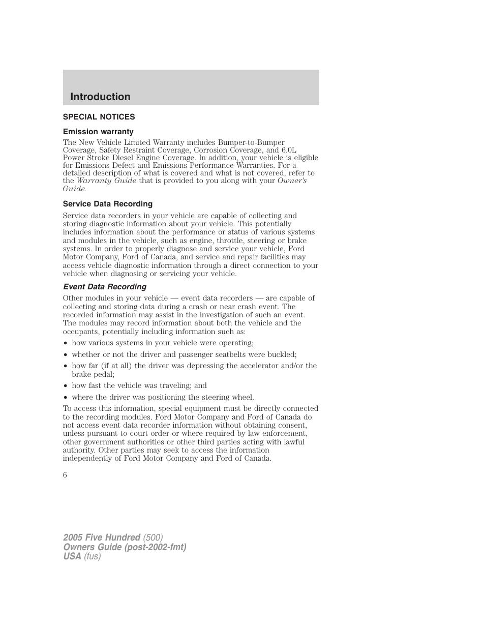 Special notices, Emission warranty, Service data recording | Event data recording, Introduction | FORD 2005 Five Hundred v.3 User Manual | Page 6 / 264