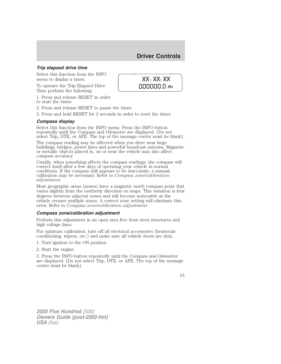 Trip elapsed drive time, Compass display, Compass zone/calibration adjustment | Driver controls | FORD 2005 Five Hundred v.3 User Manual | Page 61 / 264