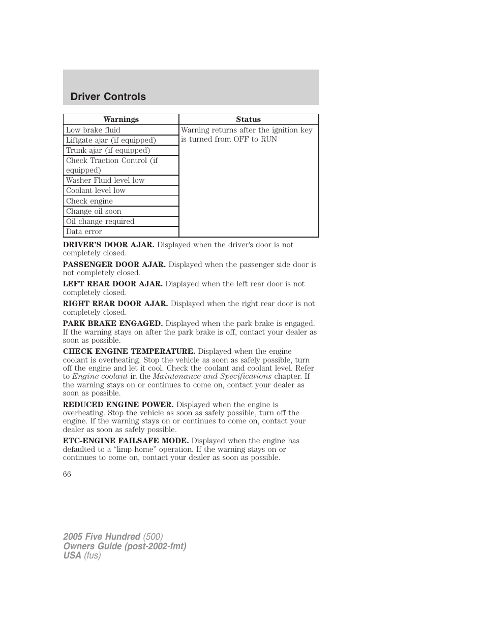 Driver controls | FORD 2005 Five Hundred v.3 User Manual | Page 66 / 264