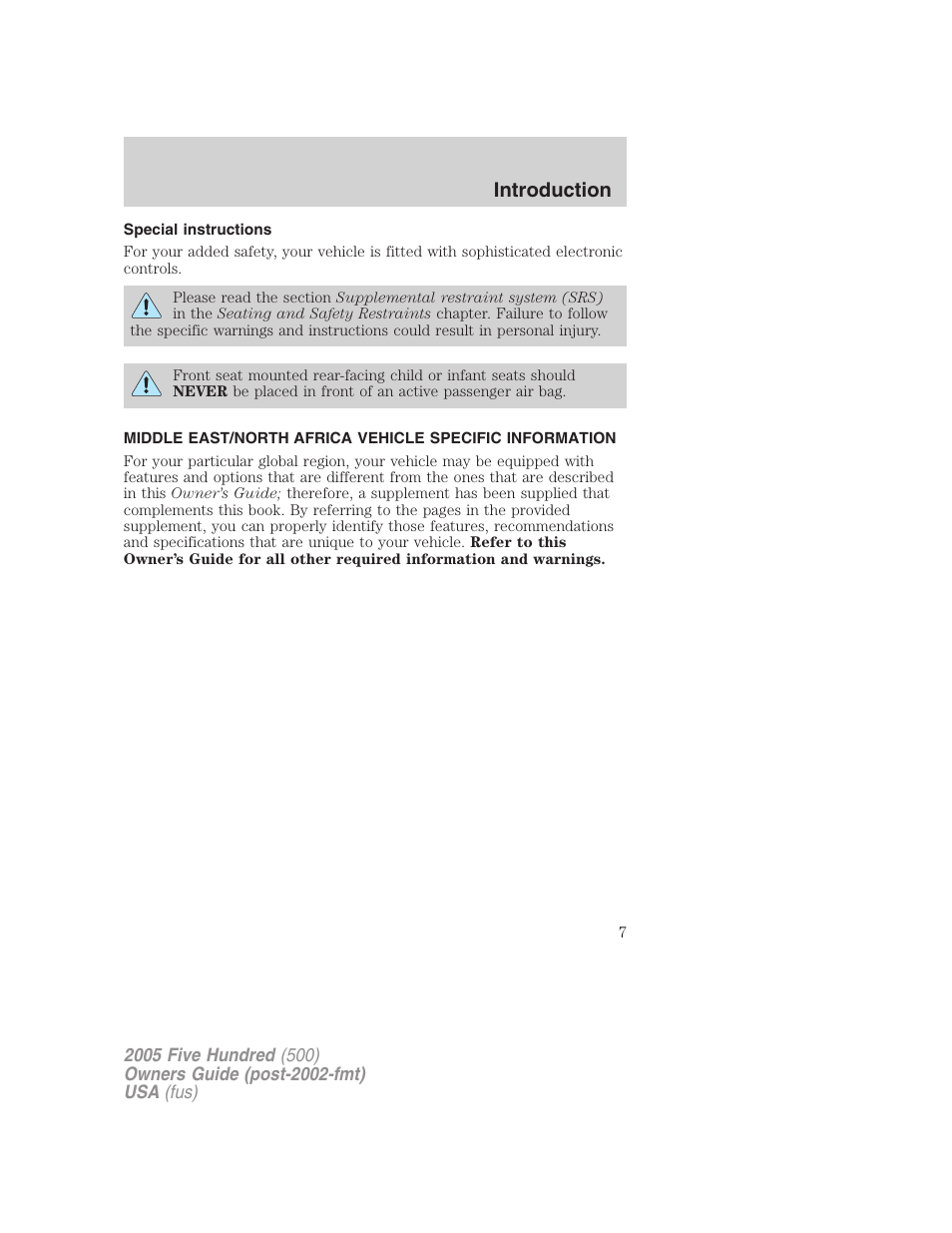 Special instructions, Introduction | FORD 2005 Five Hundred v.3 User Manual | Page 7 / 264