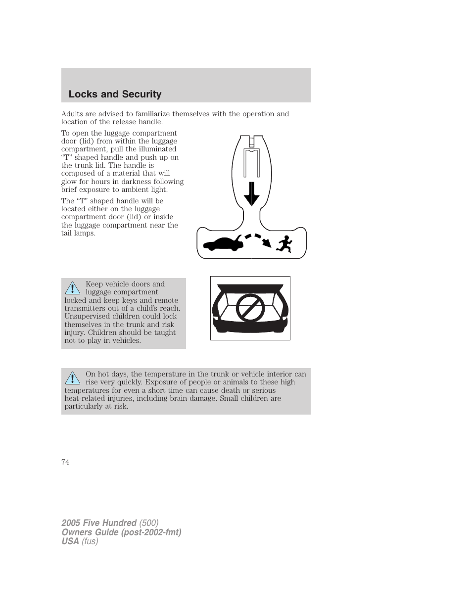 Locks and security | FORD 2005 Five Hundred v.3 User Manual | Page 74 / 264