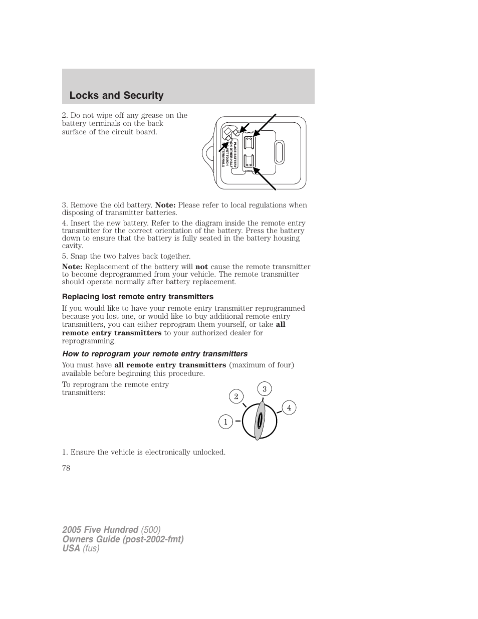 Replacing lost remote entry transmitters, How to reprogram your remote entry transmitters, Locks and security | FORD 2005 Five Hundred v.3 User Manual | Page 78 / 264