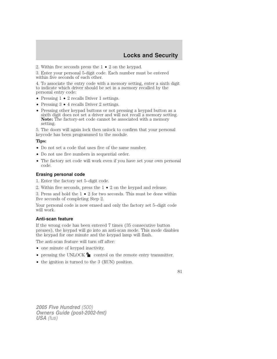 Erasing personal code, Anti-scan feature, Locks and security | FORD 2005 Five Hundred v.3 User Manual | Page 81 / 264