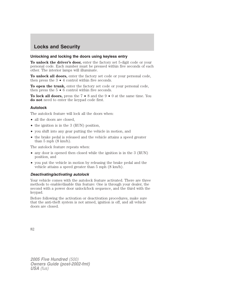 Autolock, Deactivating/activating autolock, Locks and security | FORD 2005 Five Hundred v.3 User Manual | Page 82 / 264