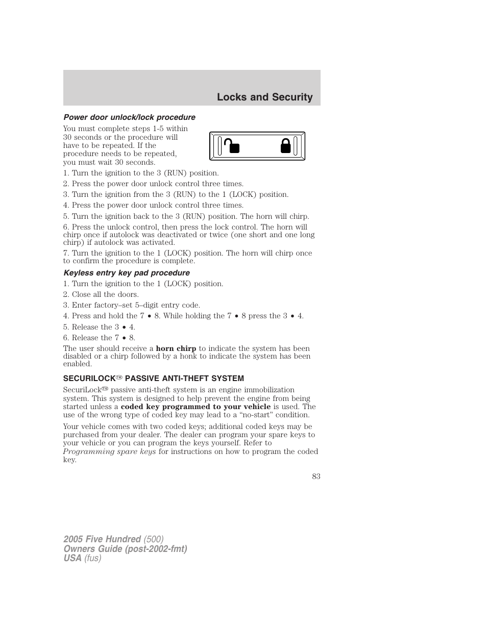 Power door unlock/lock procedure, Keyless entry key pad procedure, Securilock passive anti-theft system | Anti-theft system, Locks and security | FORD 2005 Five Hundred v.3 User Manual | Page 83 / 264