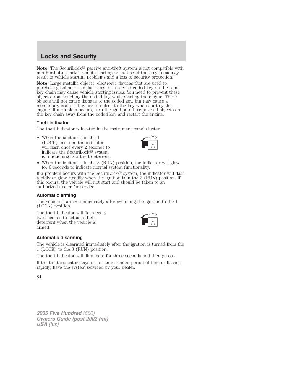 Theft indicator, Automatic arming, Automatic disarming | Locks and security | FORD 2005 Five Hundred v.3 User Manual | Page 84 / 264