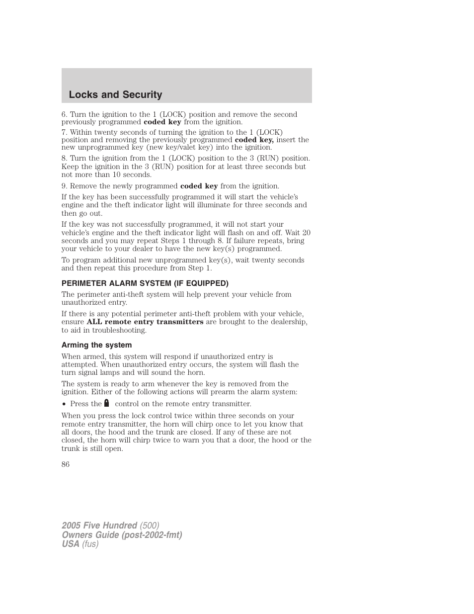 Perimeter alarm system (if equipped), Arming the system, Locks and security | FORD 2005 Five Hundred v.3 User Manual | Page 86 / 264