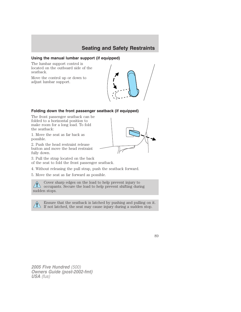 Using the manual lumbar support (if equipped), Seating and safety restraints | FORD 2005 Five Hundred v.3 User Manual | Page 89 / 264
