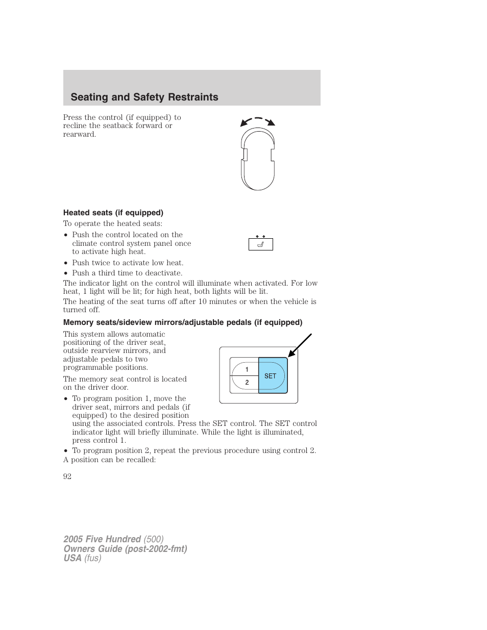 Heated seats (if equipped), Seating and safety restraints | FORD 2005 Five Hundred v.3 User Manual | Page 92 / 264