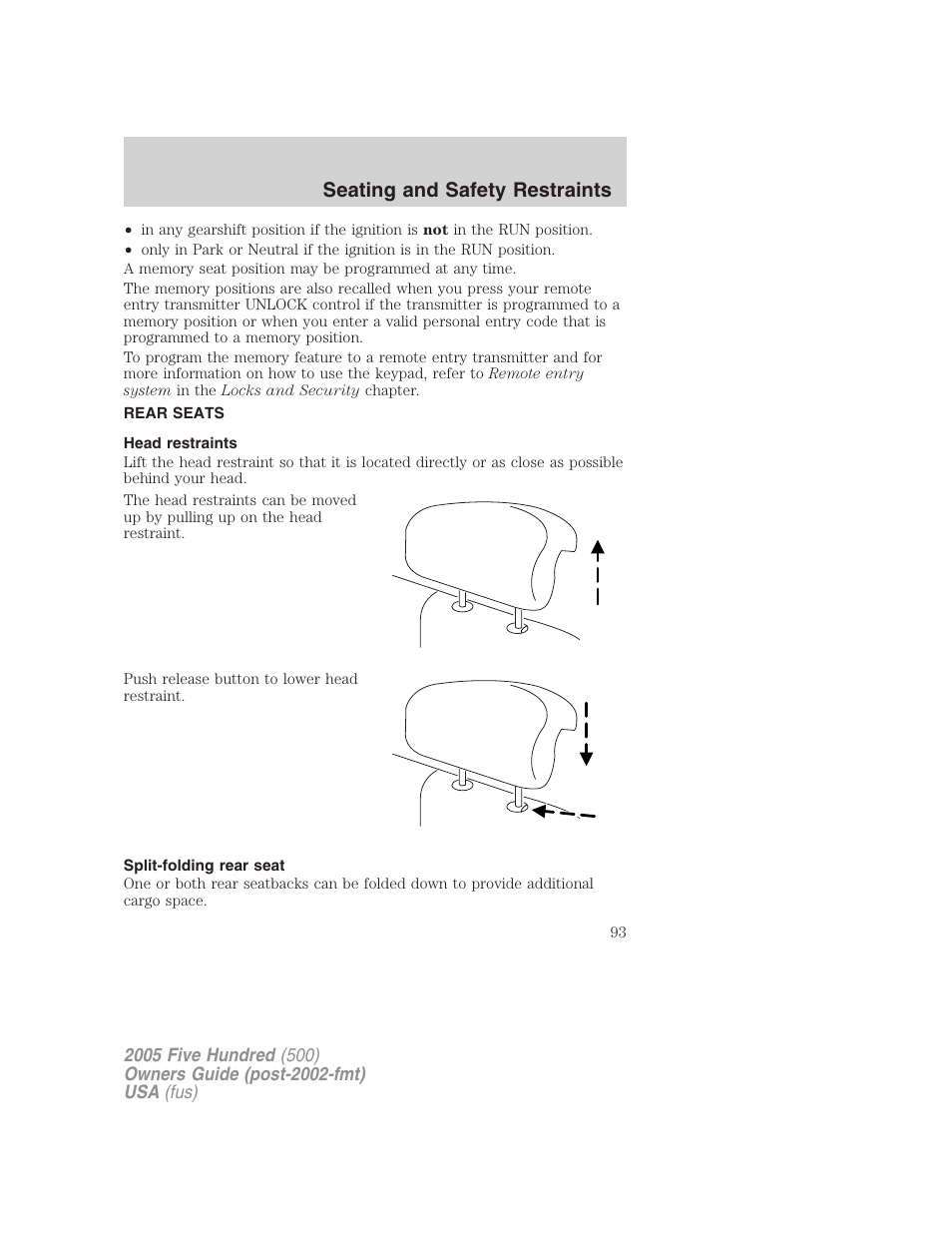 Rear seats, Head restraints, Split-folding rear seat | Seating and safety restraints | FORD 2005 Five Hundred v.3 User Manual | Page 93 / 264