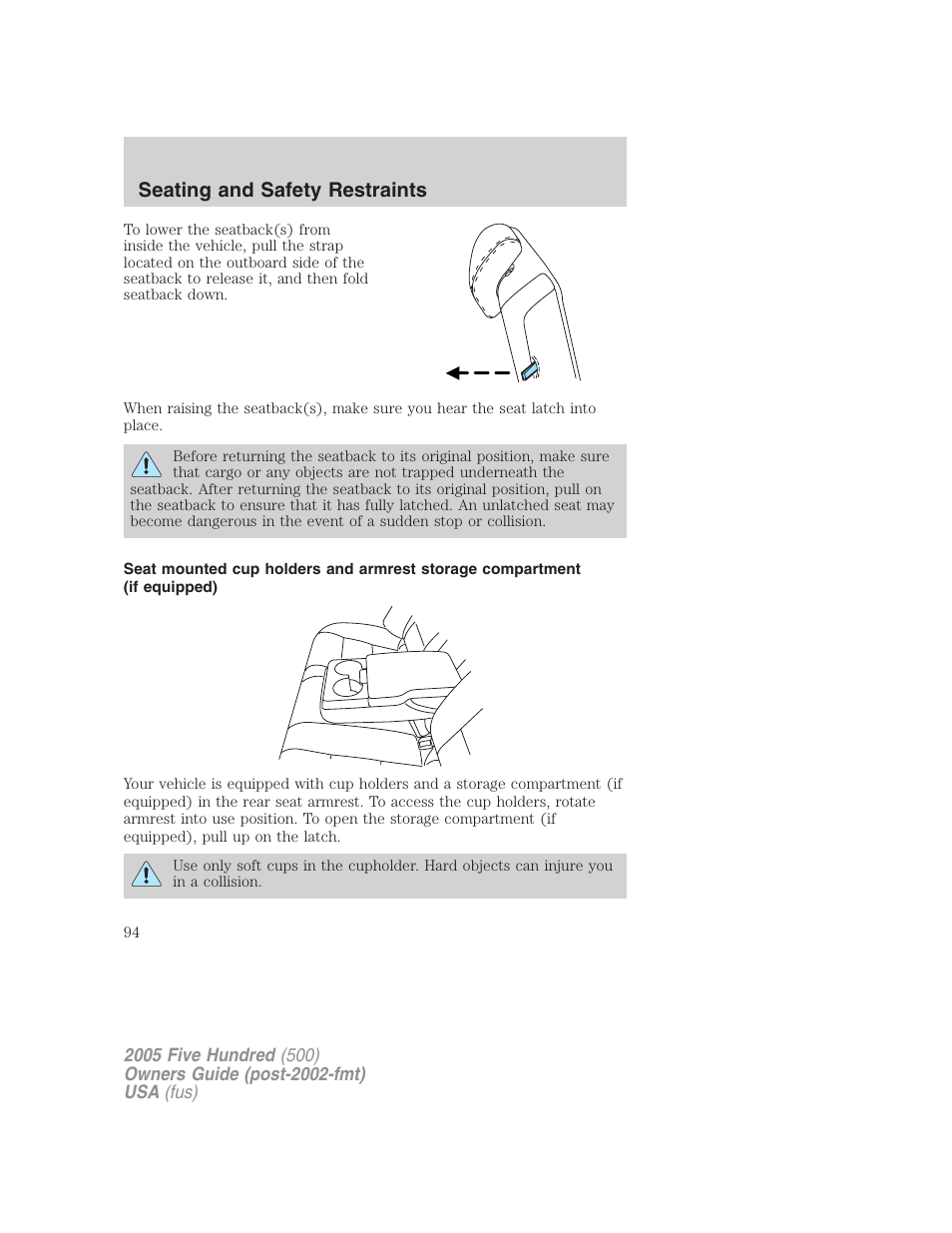 Seating and safety restraints | FORD 2005 Five Hundred v.3 User Manual | Page 94 / 264