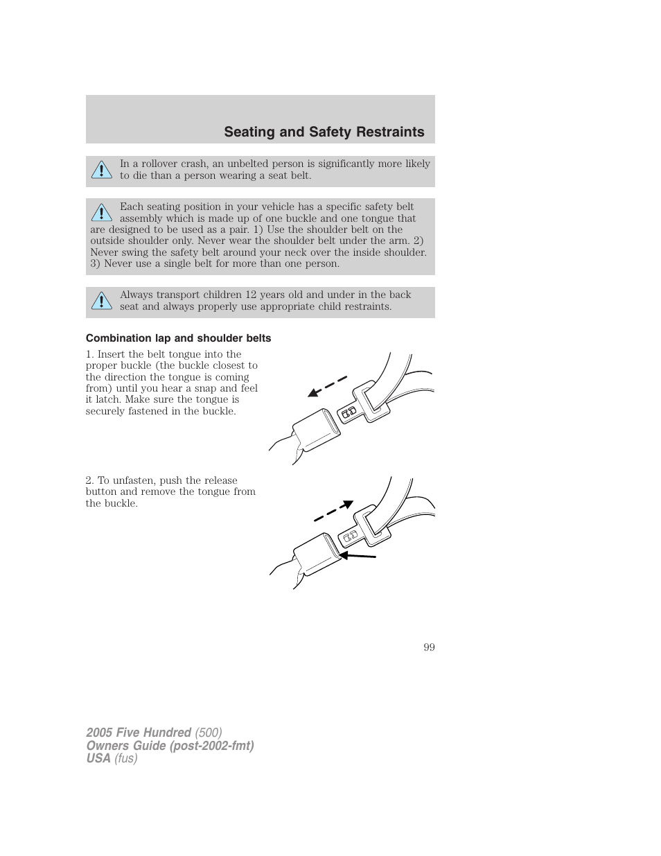 Combination lap and shoulder belts, Seating and safety restraints | FORD 2005 Five Hundred v.3 User Manual | Page 99 / 264