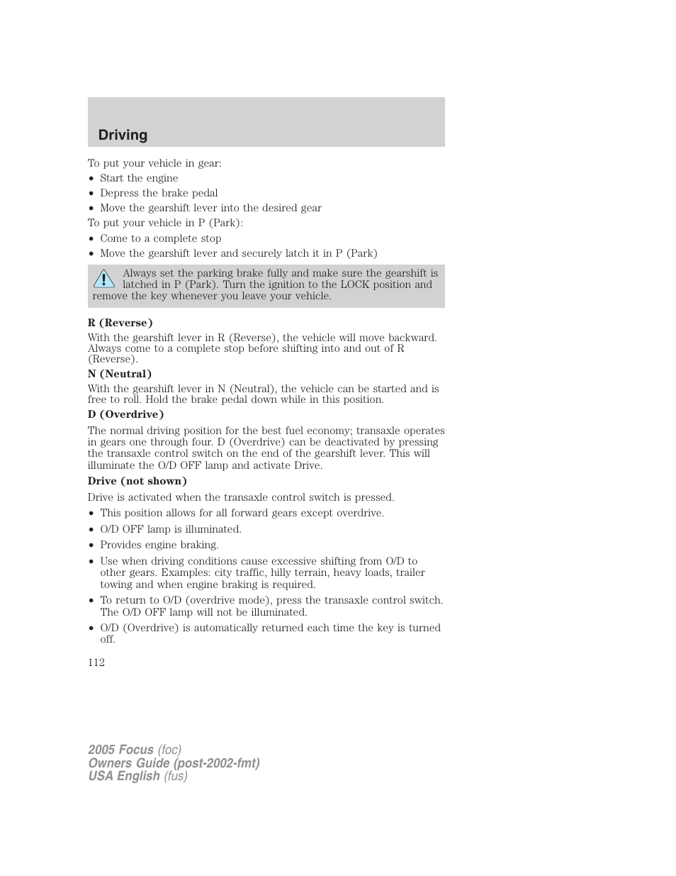 Driving | FORD 2005 Focus v.1 User Manual | Page 112 / 224